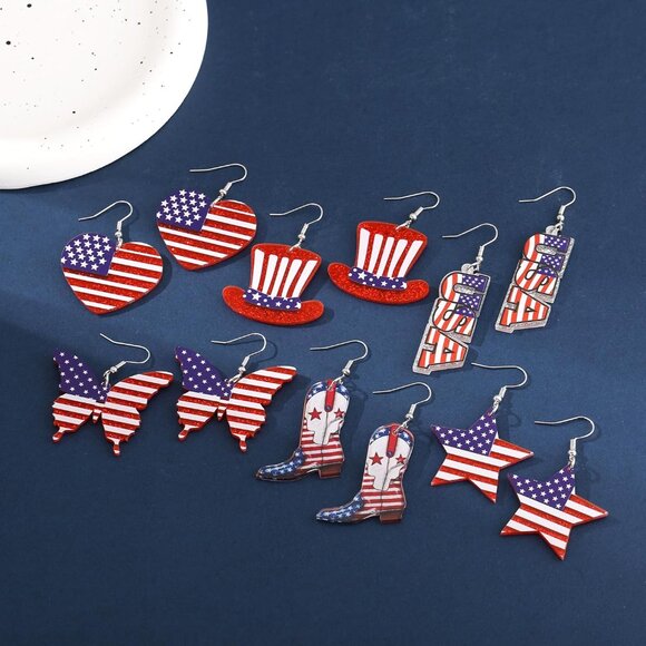 6 Pairs 4th of July Earrings for Women Patriotic American Flag Star Earring Red - Picture 6 of 7